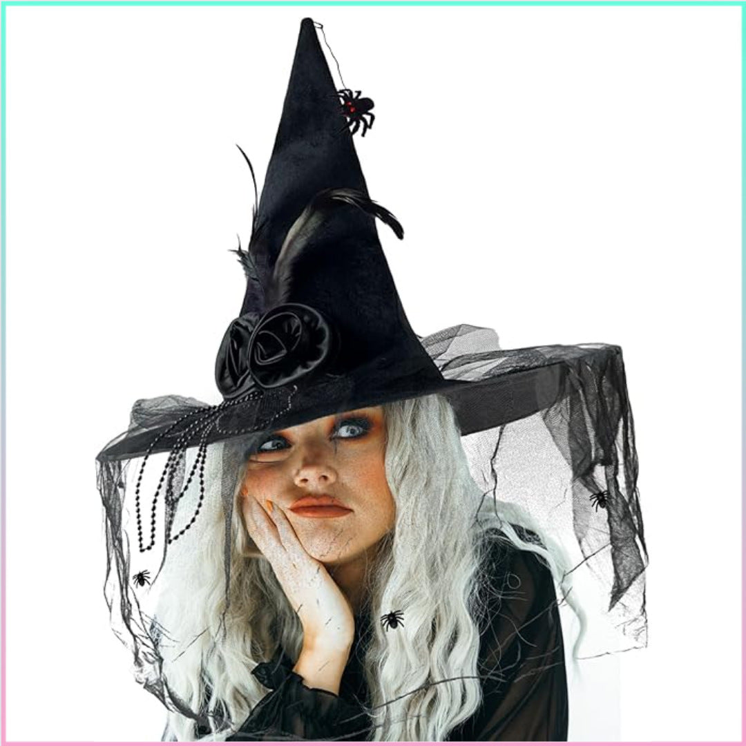 Velvet Witch Hat with Decorations for Halloween Party Costume Accessory