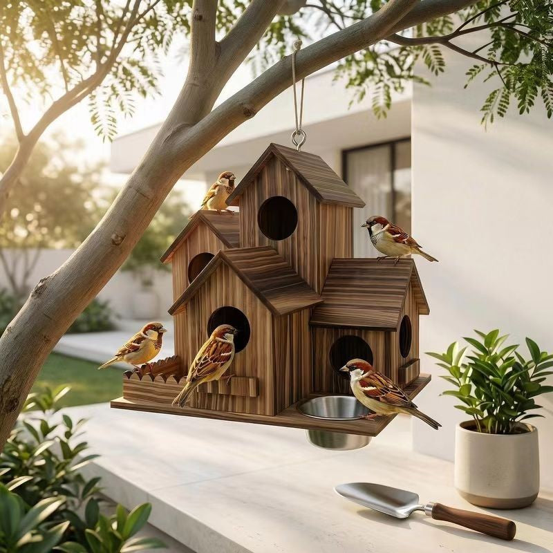 Wooden Outdoor Birdhouse with Integrated Feeder and Water Basin