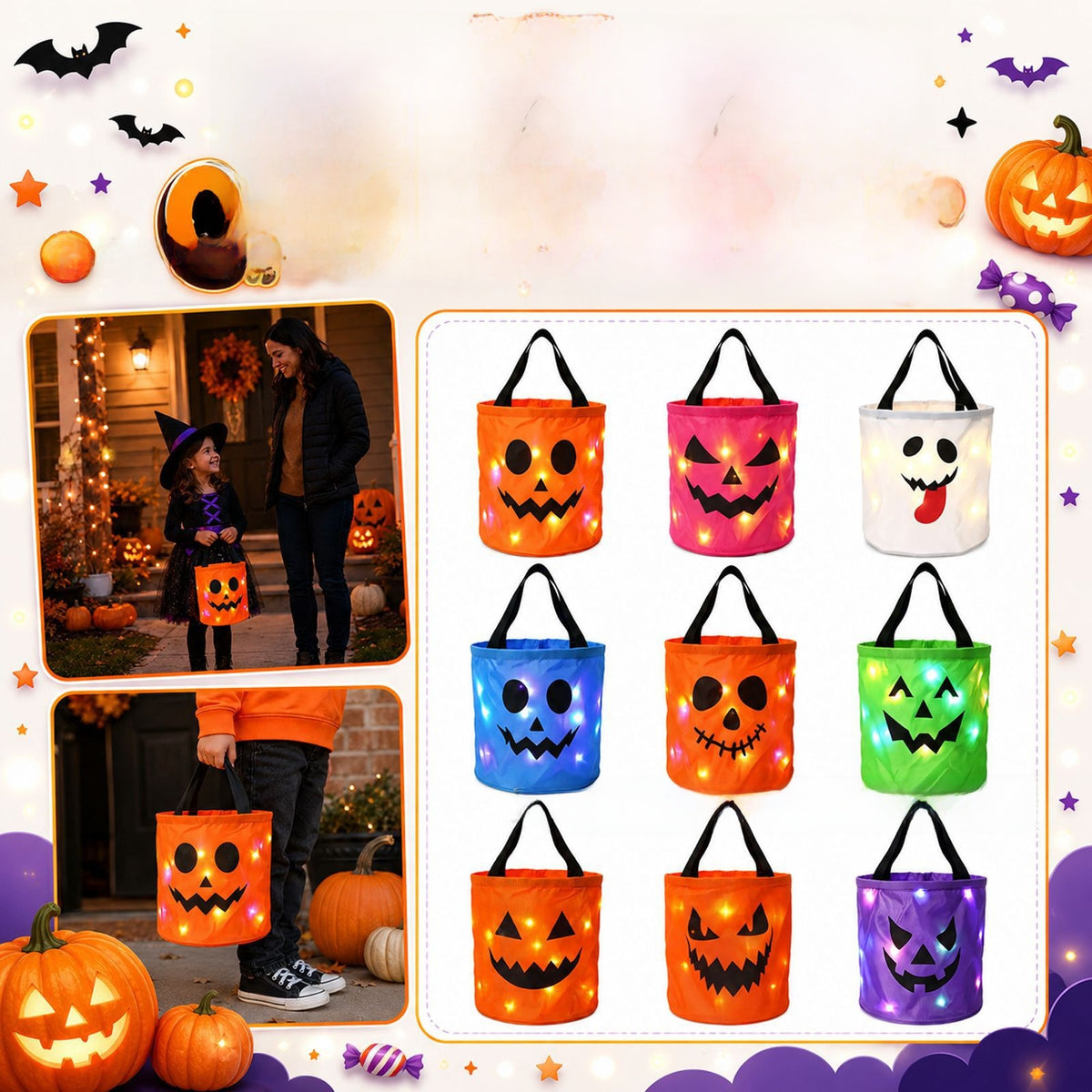 Halloween Glowing Pumpkin Candy Bucket with LED Lights