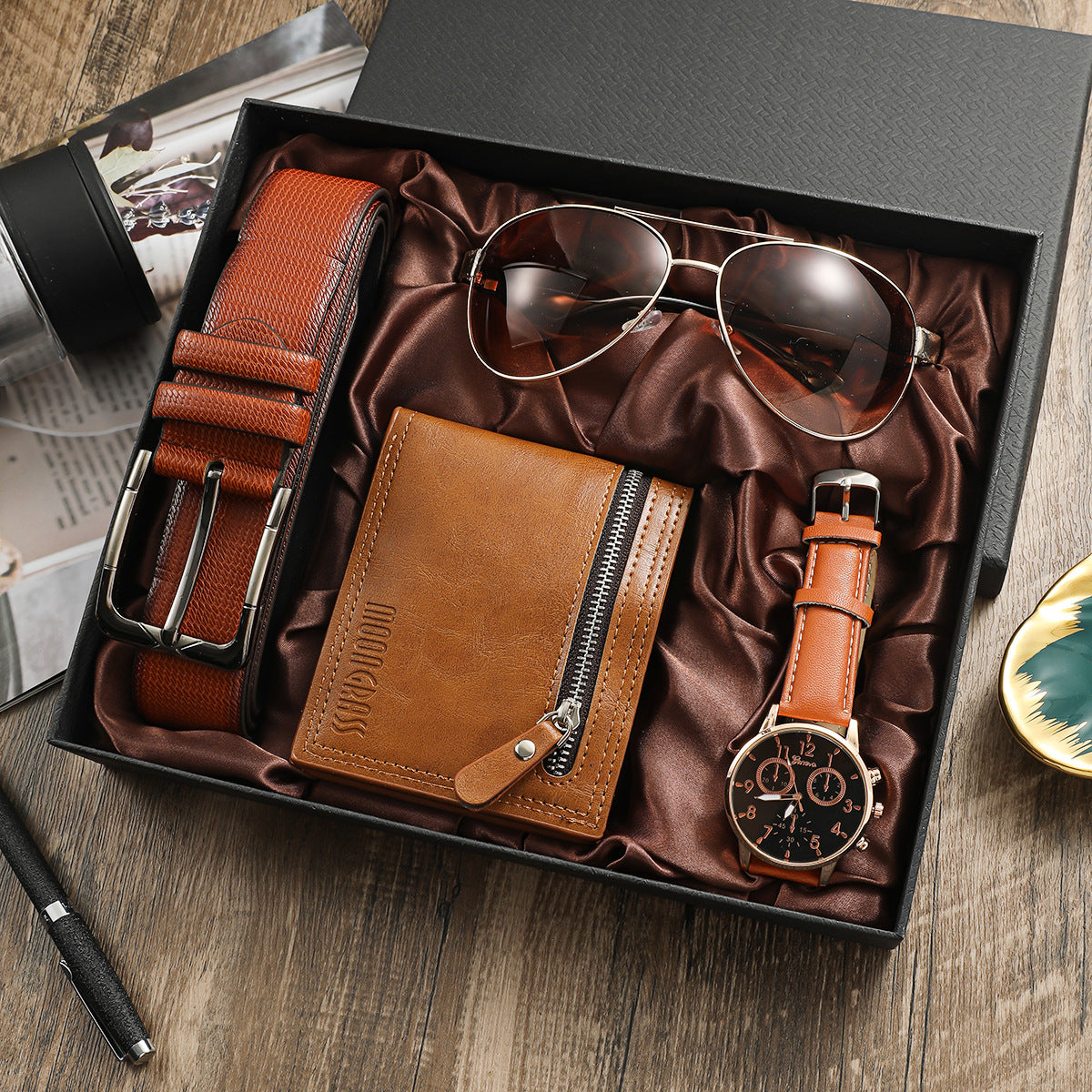 Mens Business Watch Gift Set with Wallet Belt Sunglasses