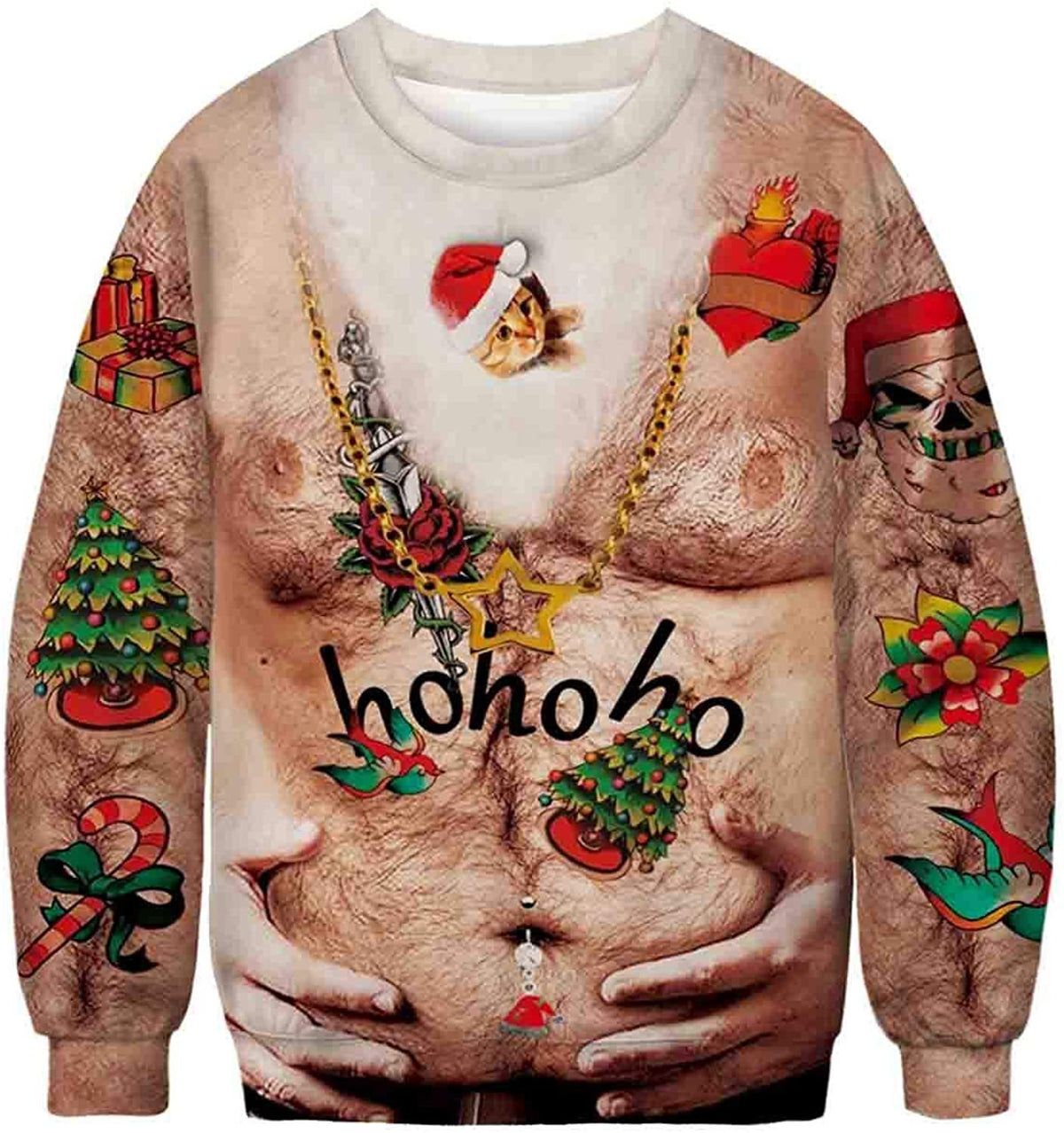3D Printed Funny Chest Hair Couple Sweatshirt Long Sleeve Pullover Christmas Top