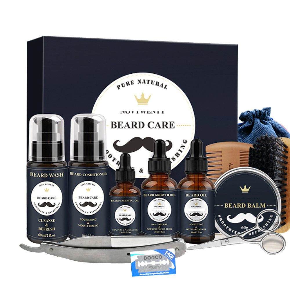 Beard Grooming Kit with Wash, Balm, Brush, Scissors, and Razor