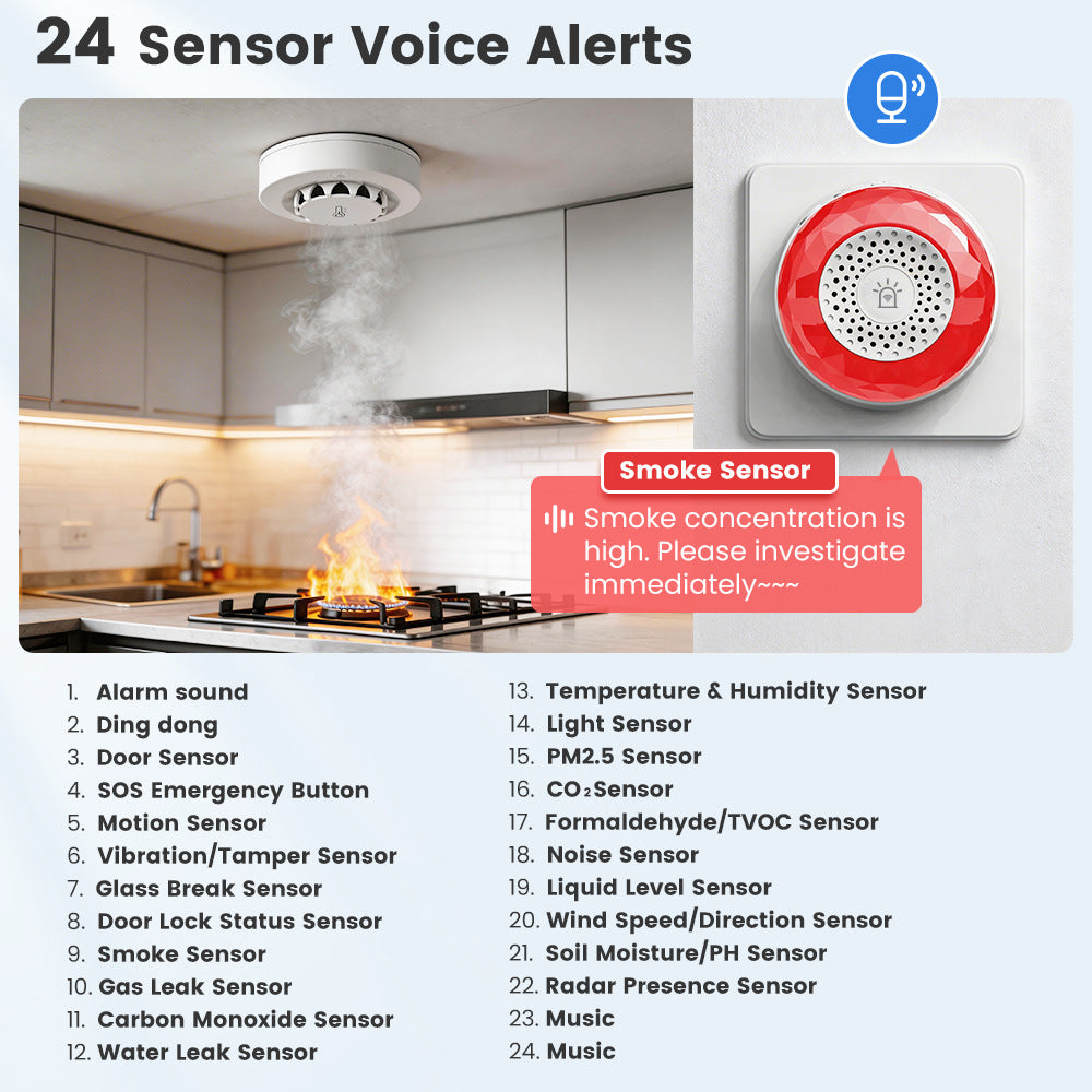 Smart WiFi Sound and Light Alarm Sensor with App Voice Control for Home Security