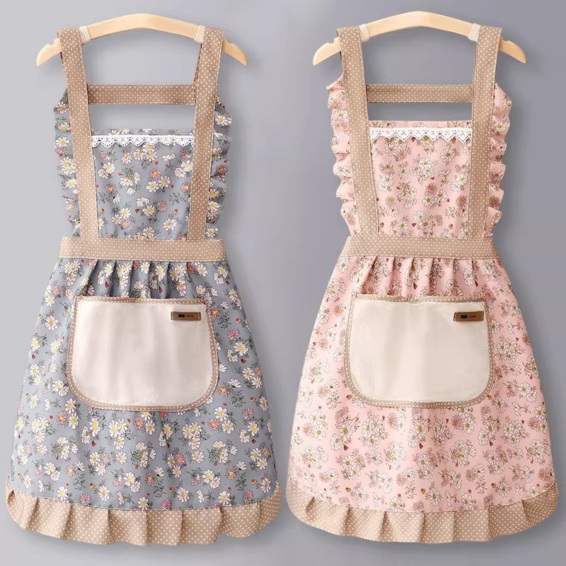 Women's Breathable Canvas Kitchen Apron Floral Print Waterproof with Pocket
