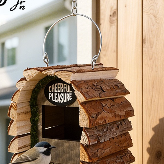 Wooden Bird House with Bark Garden Decoration