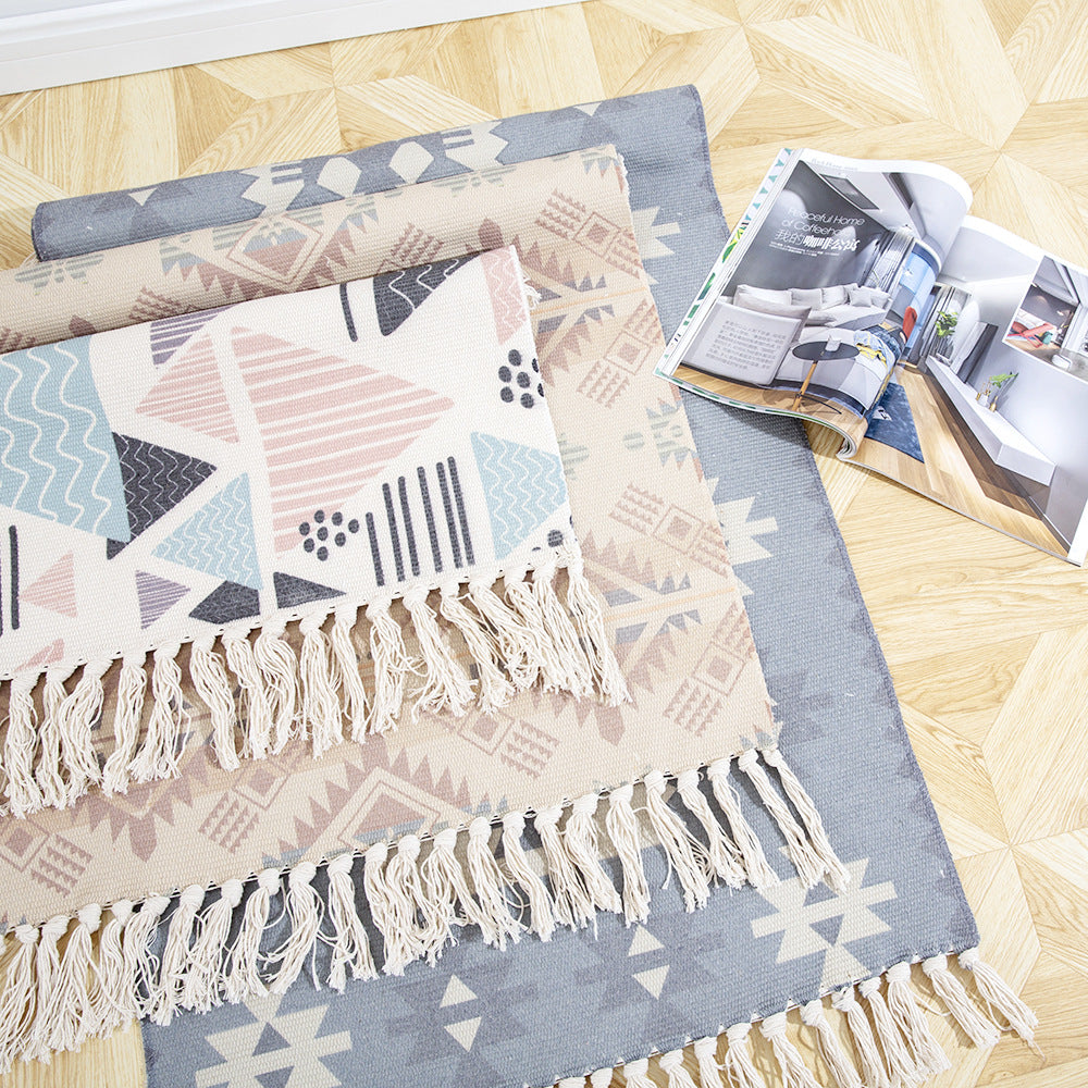 Woven Cotton and Linen Tassel Mat Bedroom Carpet Bathroom Mat