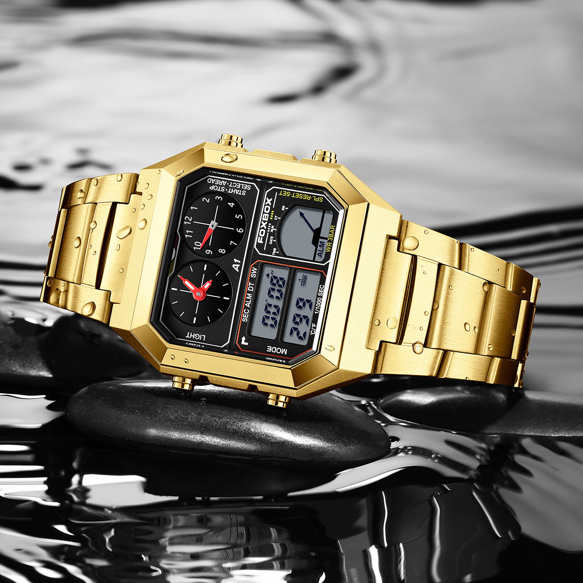 Square Men's Multifunction Digital Analog Stainless Steel Waterproof Watch