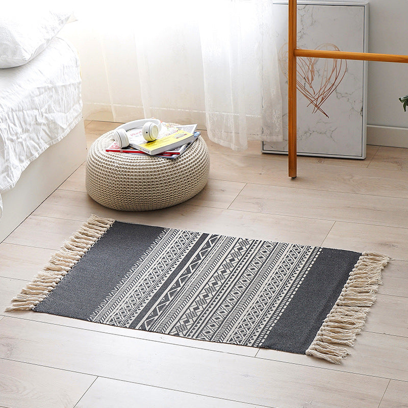 Woven Cotton and Linen Tassel Mat Bedroom Carpet Bathroom Mat
