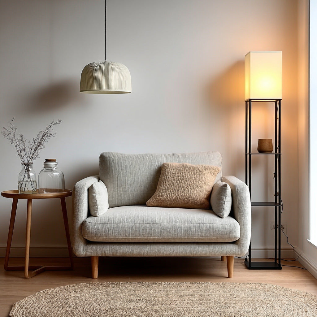 Bedroom ambient three-tier floor lamp with integrated storage shelf