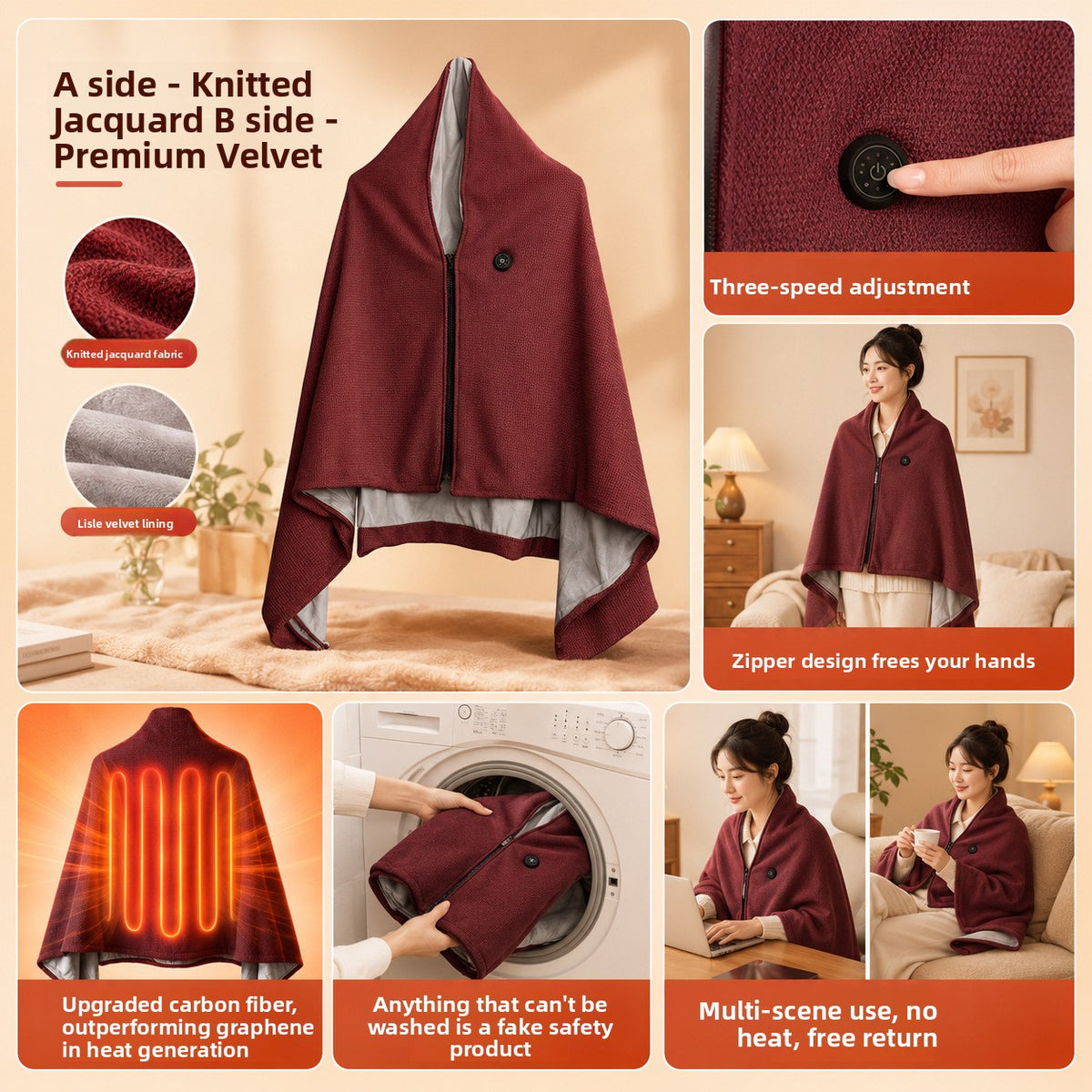 USB Rechargeable Graphene Heated Shawl Cape with Multi-Level Temperature Control and Washable Plush Material