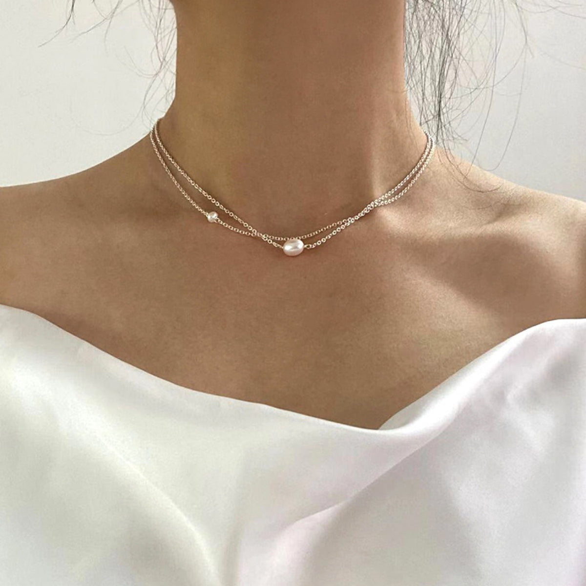 Stainless Steel Double-Layer Irregular Freshwater Pearl Clavicle Chain Necklace