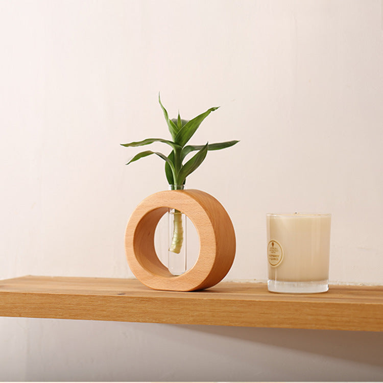 Japanese Style Solid Wood and Glass Hydroponic Flower Vase Desktop Home Decoration
