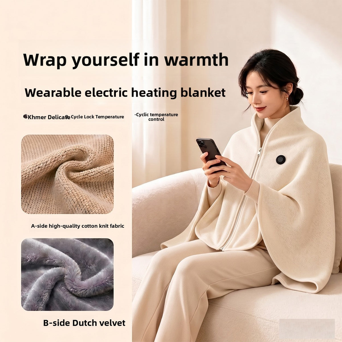 USB Rechargeable Graphene Heated Shawl Cape with Multi-Level Temperature Control and Washable Plush Material