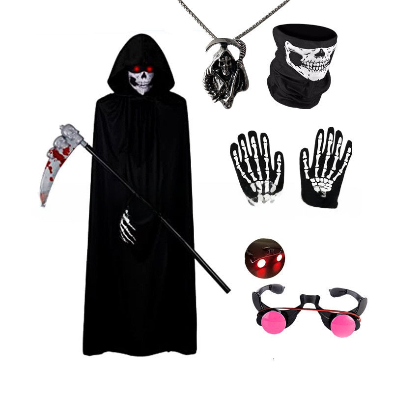 Red Eyes Grim Reaper Halloween Costume with Cloak and Scythe