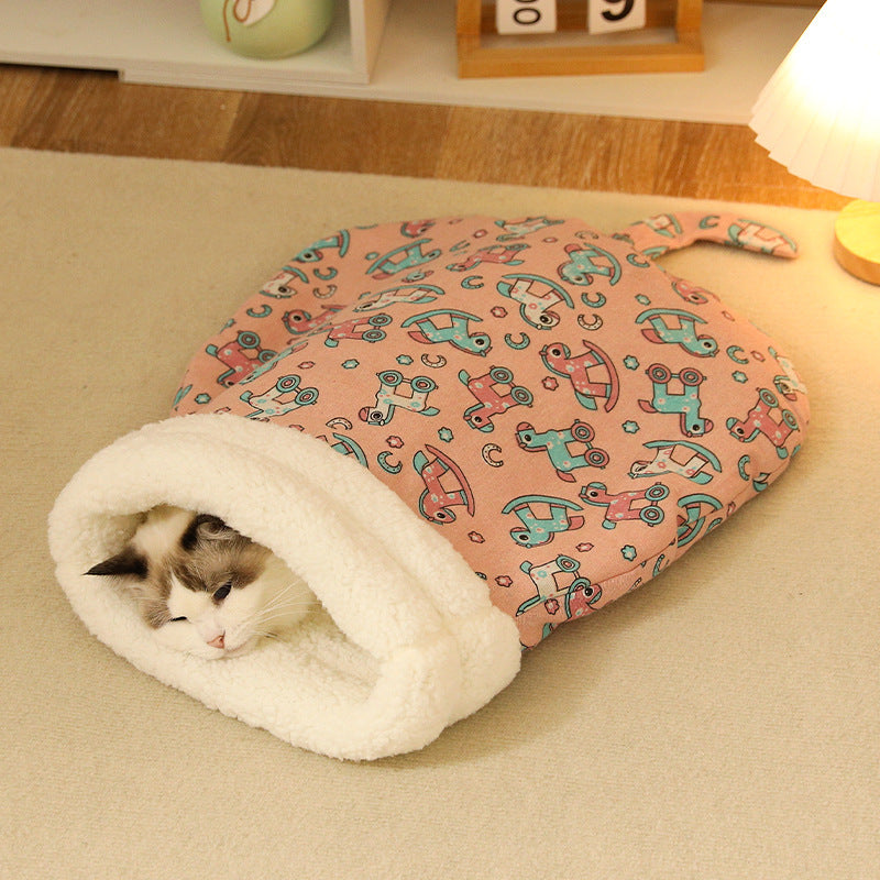Winter Warm Plush Enclosed Tunnel Cat Bed, M Size for Cats Under 8kg