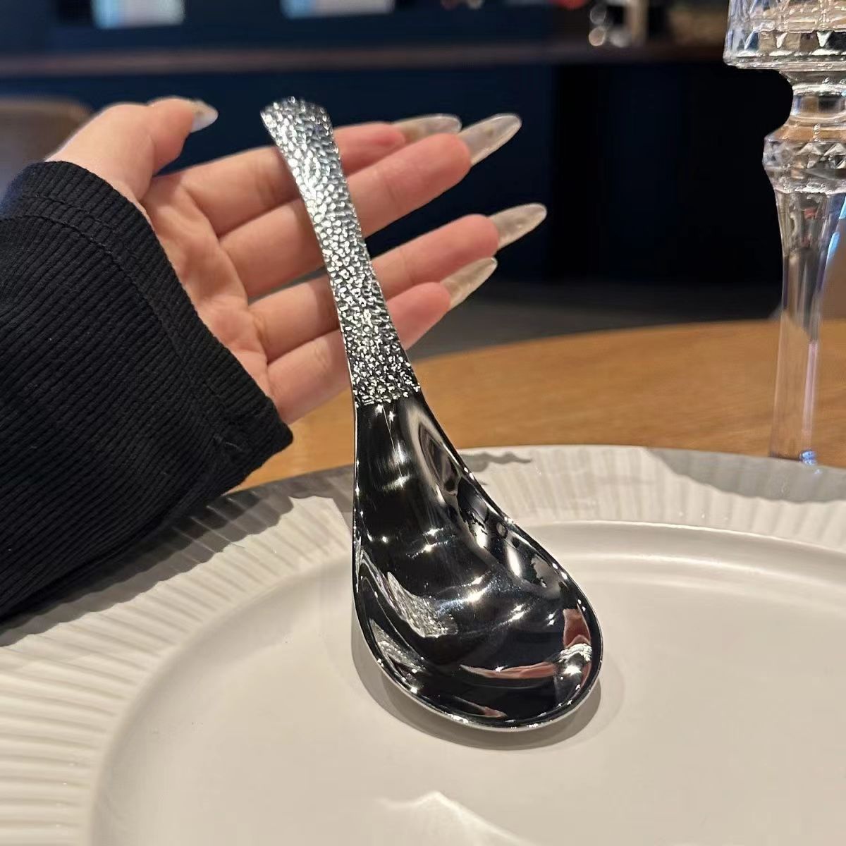 Stainless Steel Hammer Pattern Round Bottom Spoon