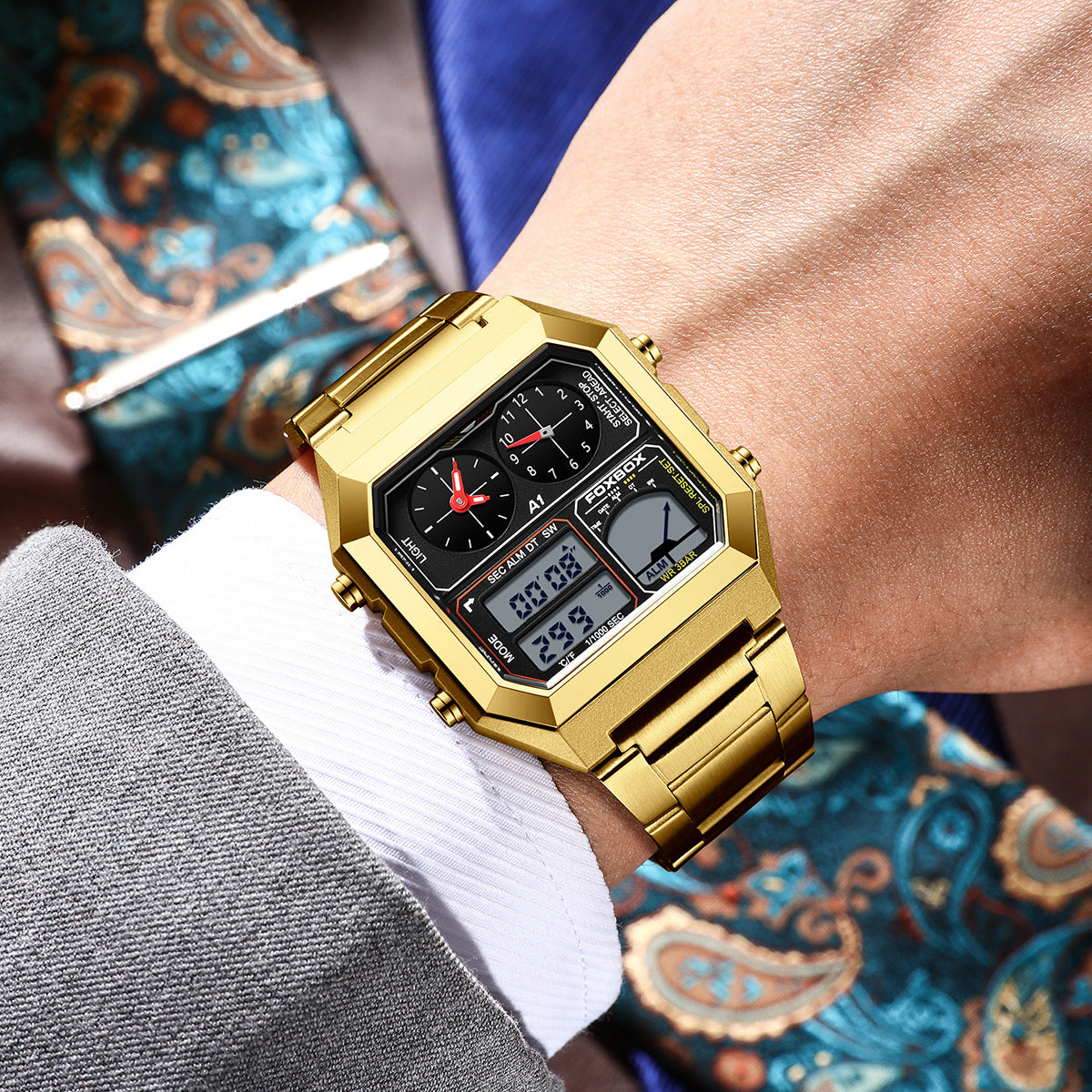 Square Men's Multifunction Digital Analog Stainless Steel Waterproof Watch
