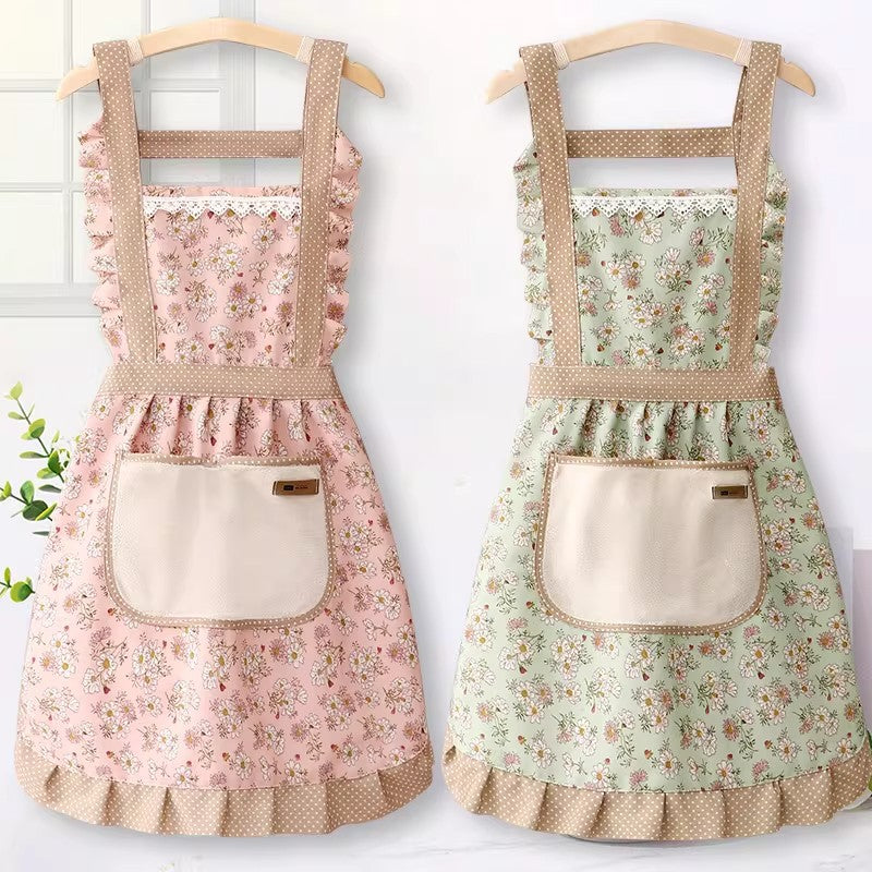 Women's Breathable Canvas Kitchen Apron Floral Print Waterproof with Pocket