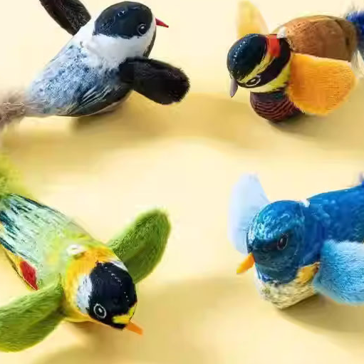 Cat toy that simulates a small bird and makes sounds