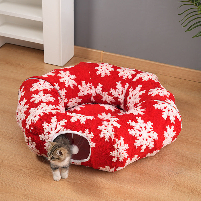 Red Snowflake Foldable Tunnel Cat Bed