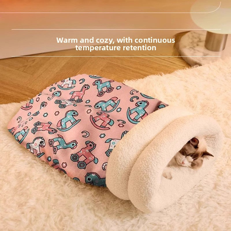 Winter Warm Plush Enclosed Tunnel Cat Bed, M Size for Cats Under 8kg