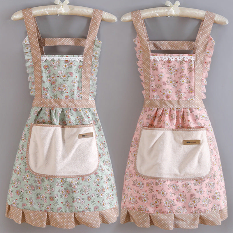 Women's Breathable Canvas Kitchen Apron Floral Print Waterproof with Pocket