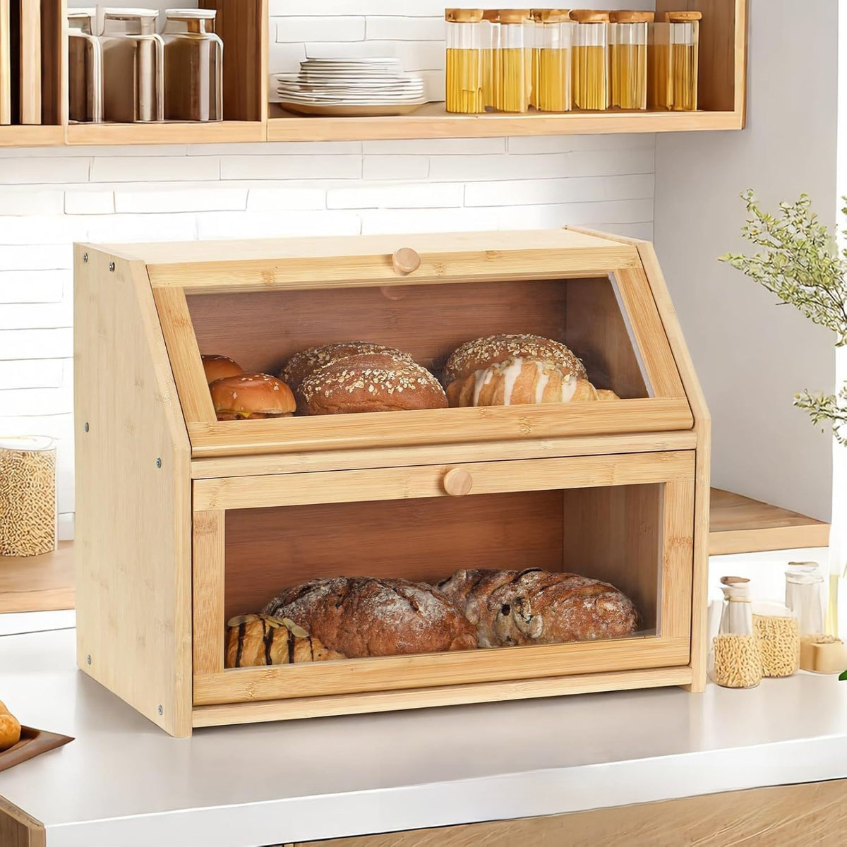 Double-Layer Wooden Bread Box with Glass Window Kitchen Cake Storage Organizer