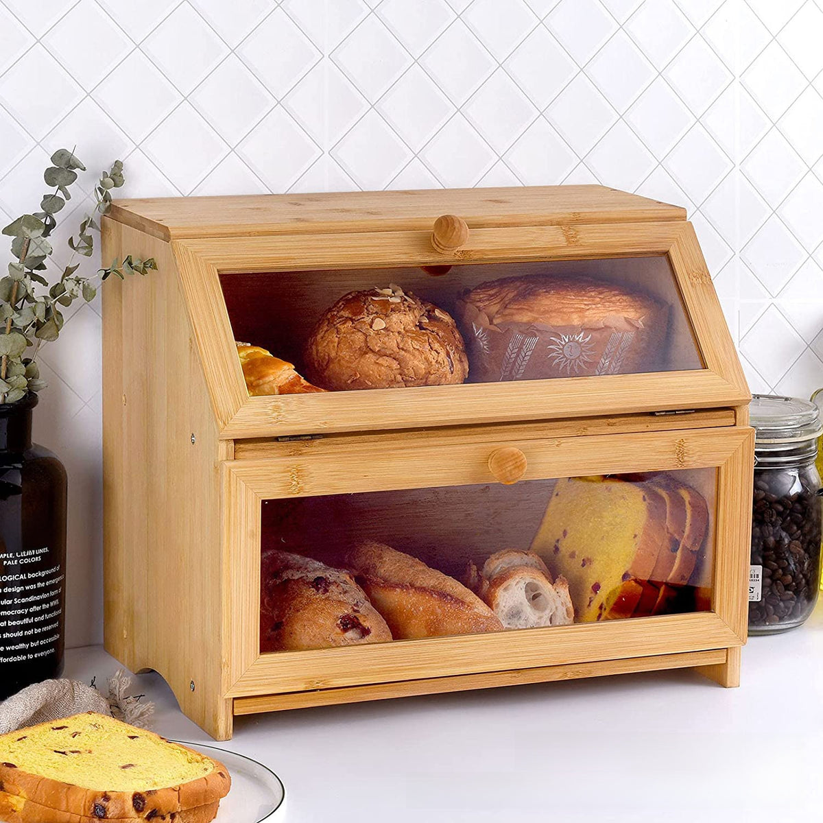 Double-Layer Wooden Bread Box with Glass Window Kitchen Cake Storage Organizer