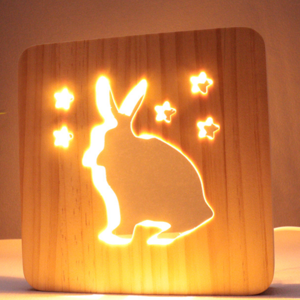 3D Wooden Hollow Carved LED Night Light USB Powered Warm Desk Lamp