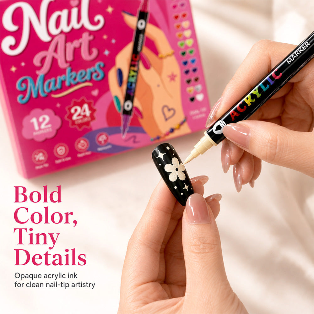 24-Color Dual-Ended Nail Art Pen Set, Quick-Dry Waterproof Acrylic Painting & Lining Tools with Soft Tips