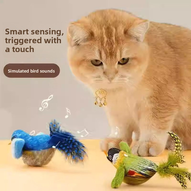 Cat toy that simulates a small bird and makes sounds
