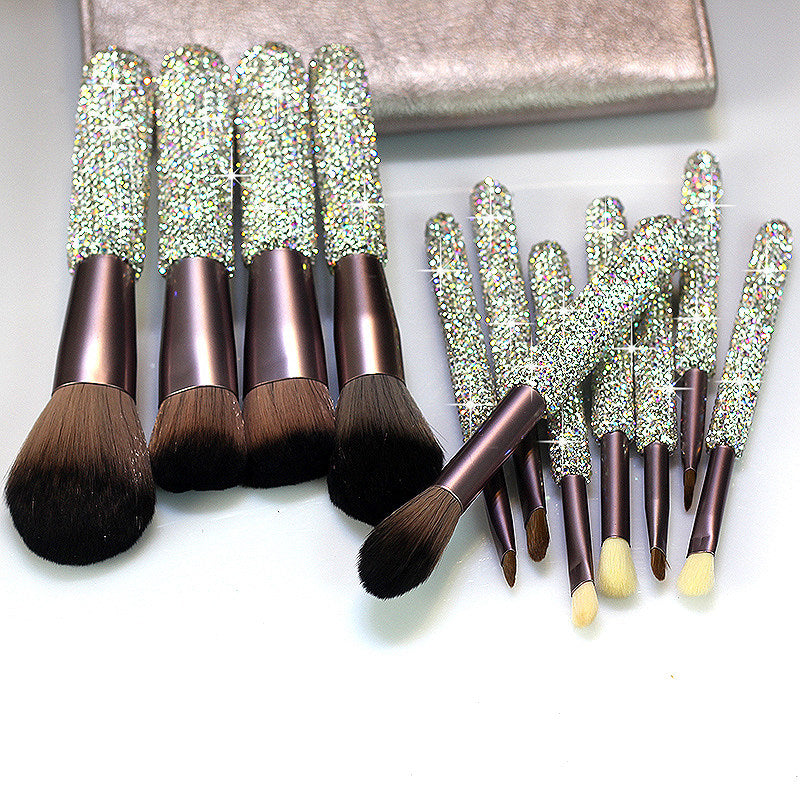 12-Piece Diamond Makeup Brush Set with Rhinestone Handles
