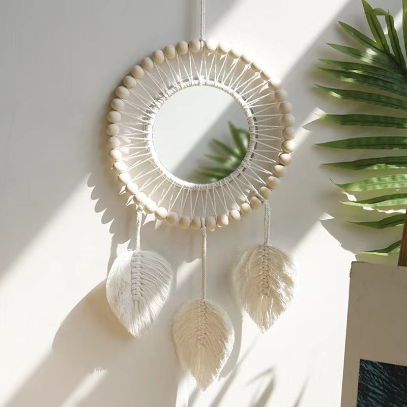 Bohemian Wooden Beads Cotton Rope Tassel Wall Mirror