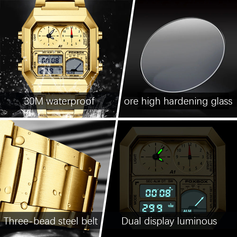 Square Men's Multifunction Digital Analog Stainless Steel Waterproof Watch
