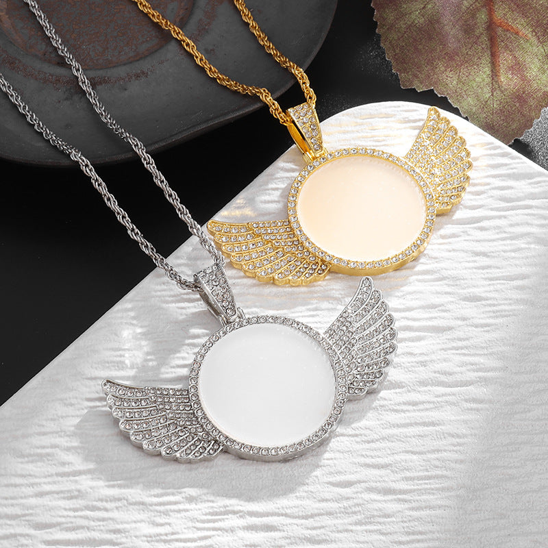 Round Wings Photo Frame Mirror Pendant Necklace