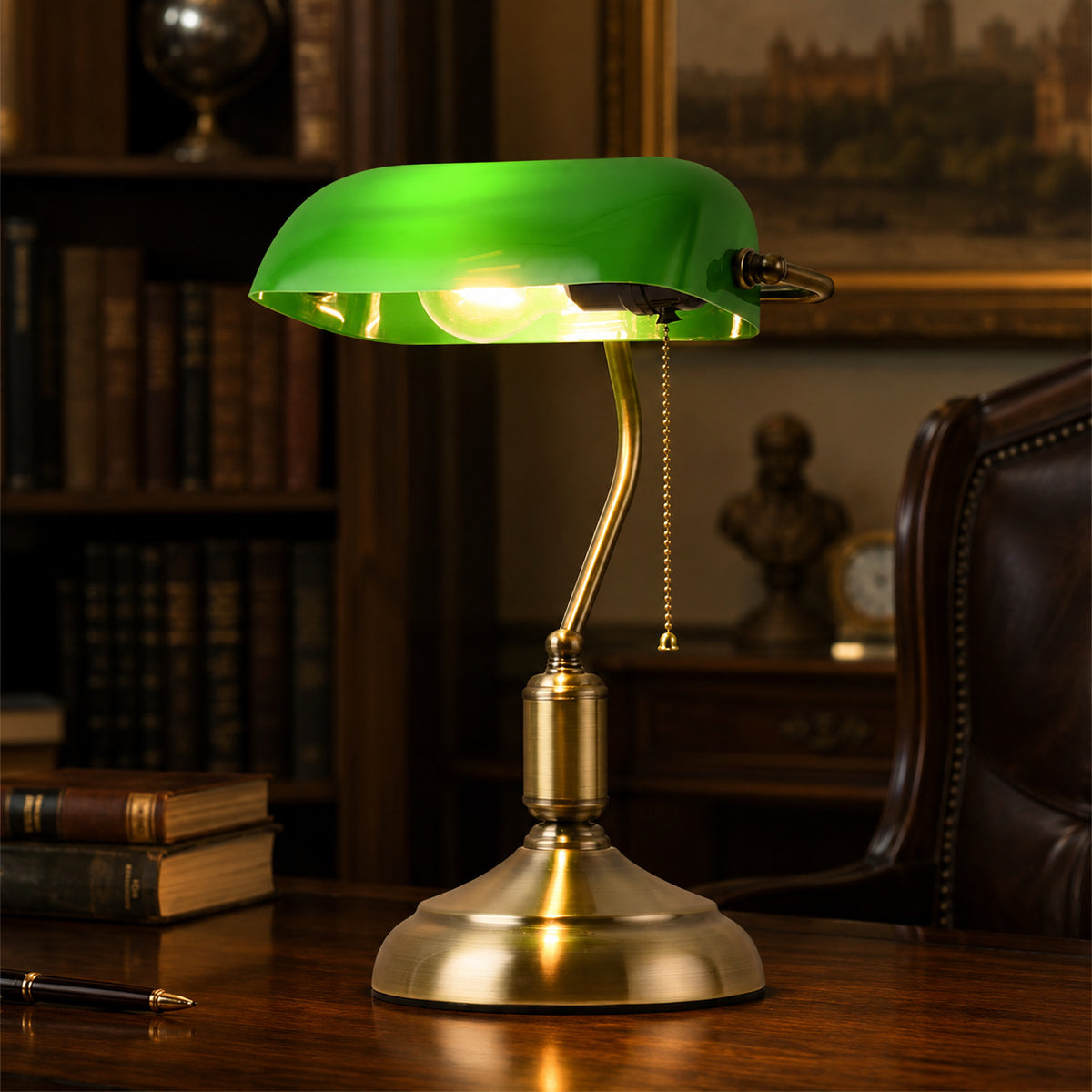 European Retro Green Glass Desk Lamp with Pull Switch Glass Shade