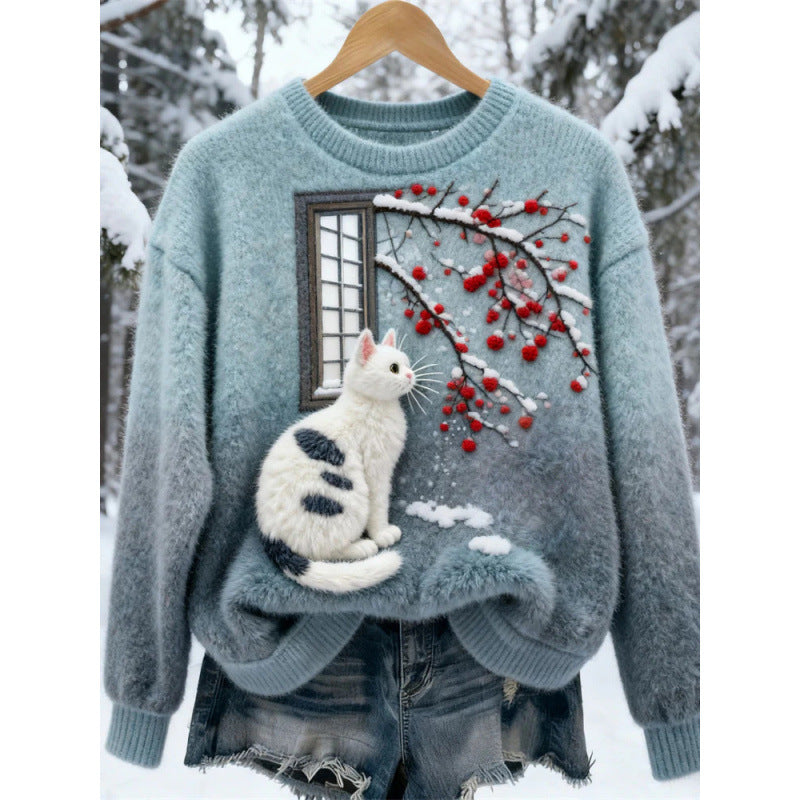 Womens 3D Printed Christmas Flannel Pullover Sweatshirt