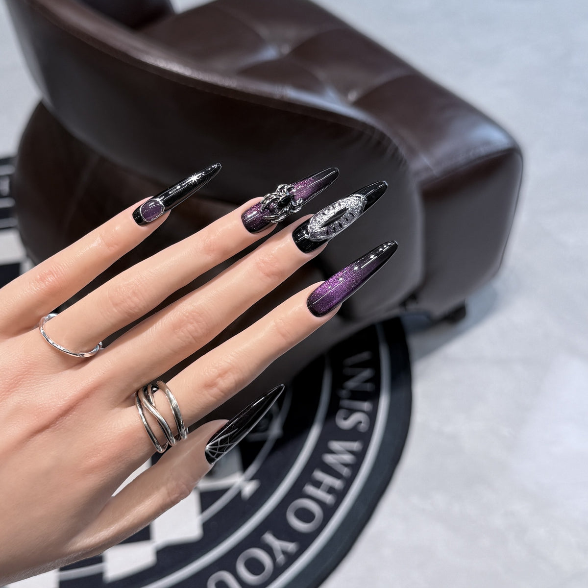Handmade Purple Cat Eye Spider Web Wearable Nails