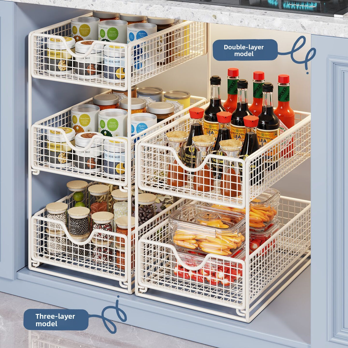 Pull-Out Under-Sink Cabinet Storage Organizer Multi-Layer Sliding Basket