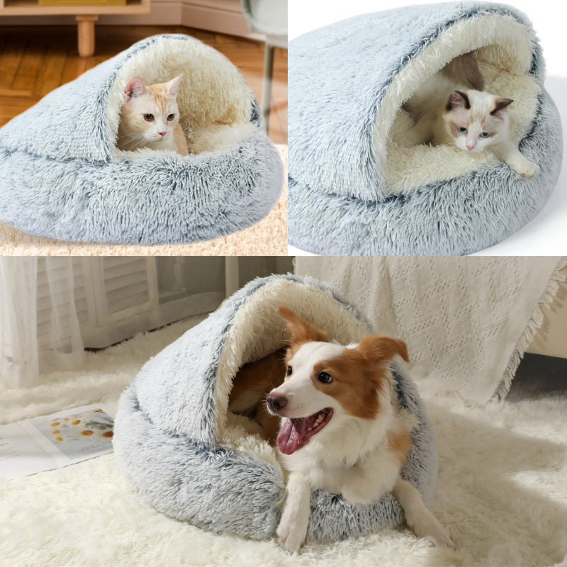 Semi-Enclosed Plush Pet Bed for Cats and Dogs