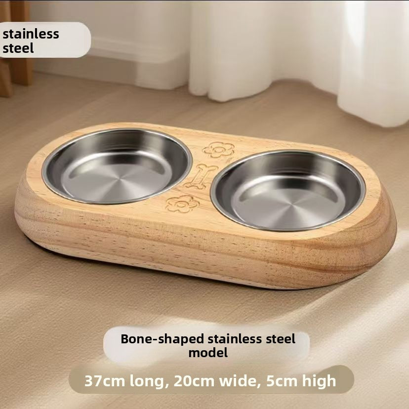 Stainless Steel Pet Bowl with Wood Base