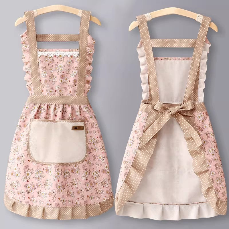 Women's Breathable Canvas Kitchen Apron Floral Print Waterproof with Pocket