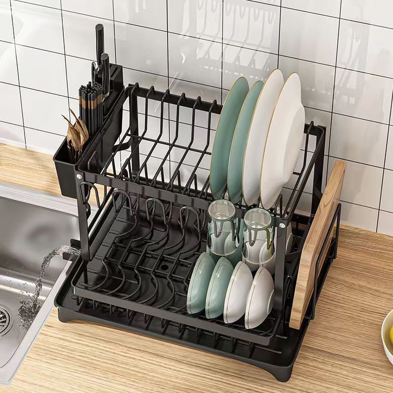 Double Layer Dish Drainer Rack with Utensil Holder