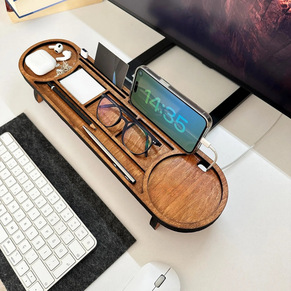 Wooden Desktop Phone Headphone Storage Rack