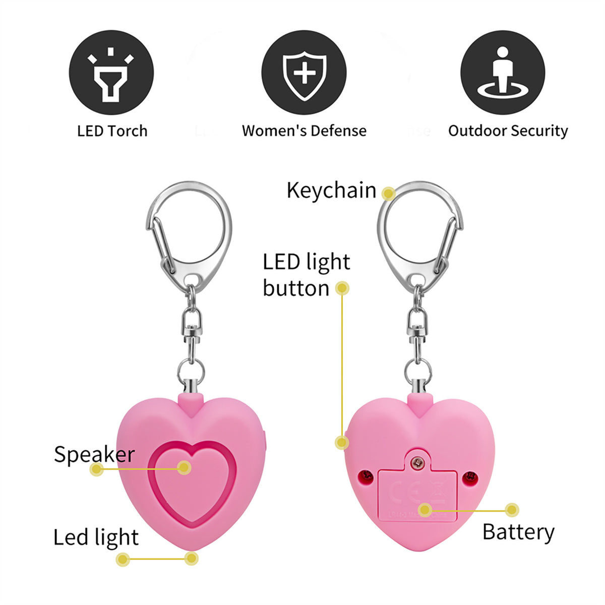 Heart-Shaped 125dB Personal Security Alarm Keychain with LED Light