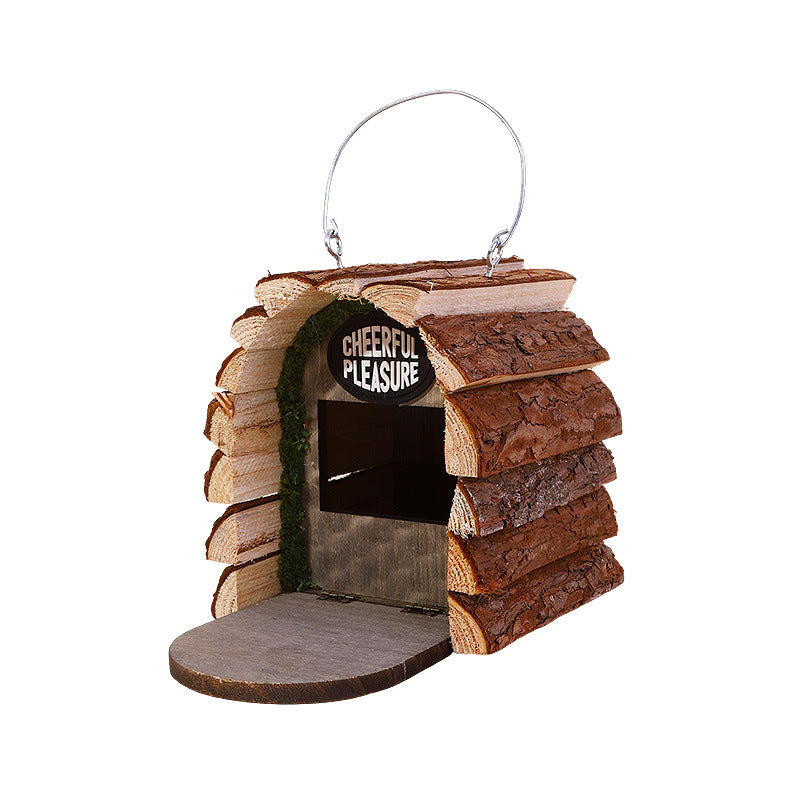 Wooden Bird House with Bark Garden Decoration
