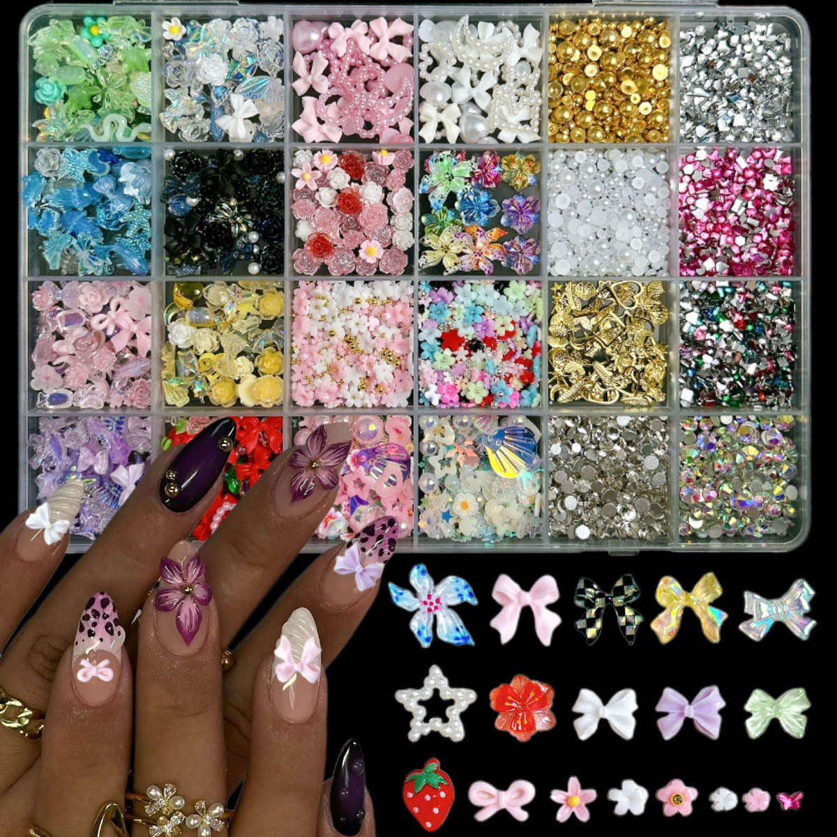 24-Grid Artificial Lily Flower Nail Art Decorations DIY Kit
