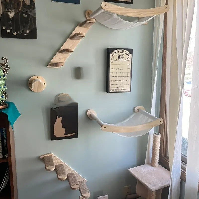 Wooden Wall Mounted Cat Hammock Climbing Ladder Shelf Set
