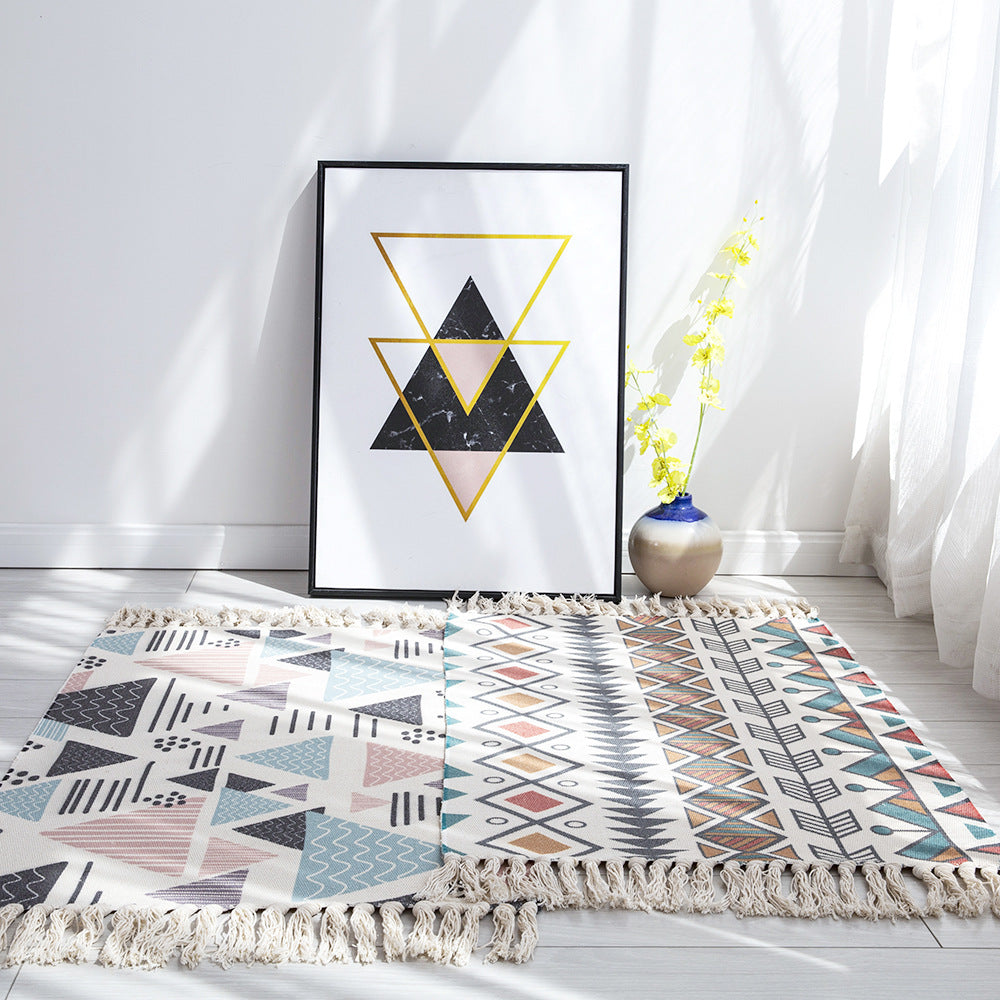 Woven Cotton and Linen Tassel Mat Bedroom Carpet Bathroom Mat