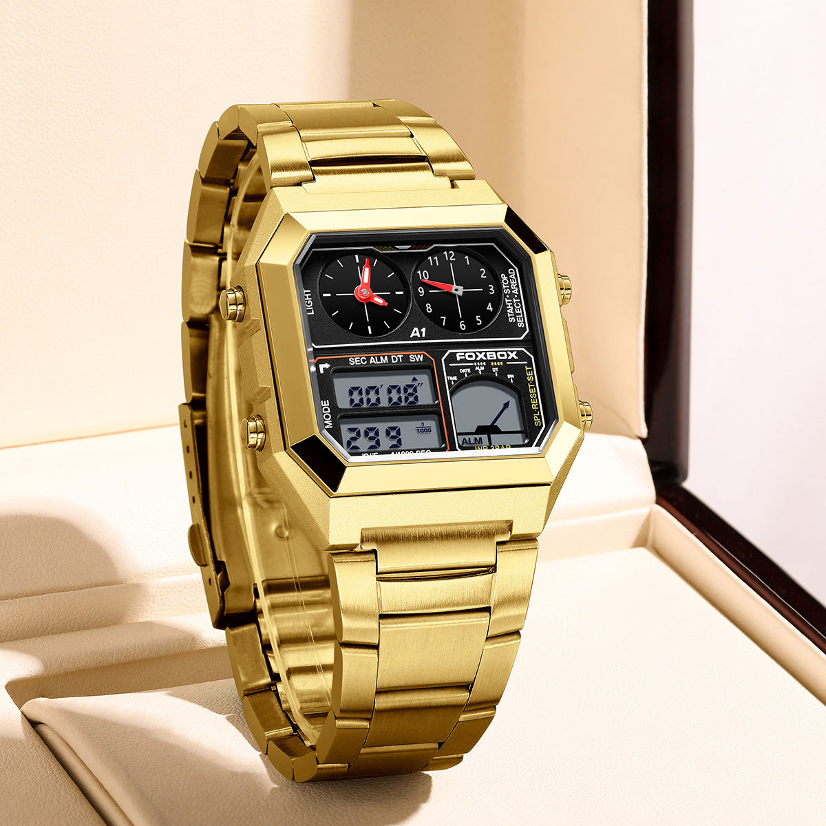 Square Men's Multifunction Digital Analog Stainless Steel Waterproof Watch